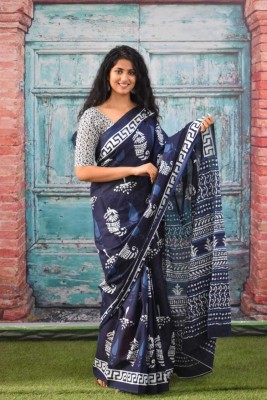 COTTON RK FABRICO WORD Printed, Blocked Printed, Hand Painted Daily Wear Pure Cotton Saree(Dark Blue)