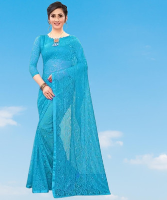 Fashion Field Solid/Plain Bollywood Net Saree(Blue)