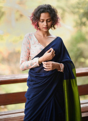 BRYNBRIT Color Block Handloom Cotton Blend Saree(Blue)