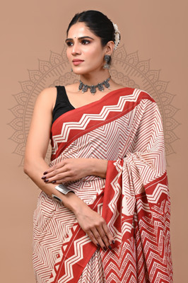 Taavi Blocked Printed Daily Wear Cotton Blend Saree(Red)
