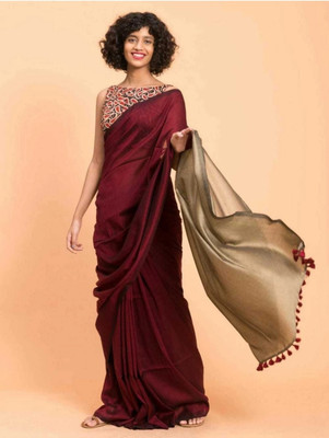 SRILOK Solid/Plain Handloom Cotton Blend Saree(Purple, Cream)