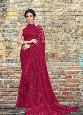 NORAFLEX Embroidered Bollywood Net Saree(Maroon)