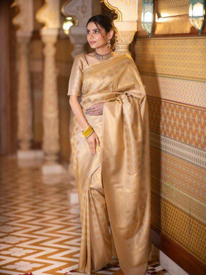 Varda Woven, Self Design Banarasi Art Silk Saree(Gold)