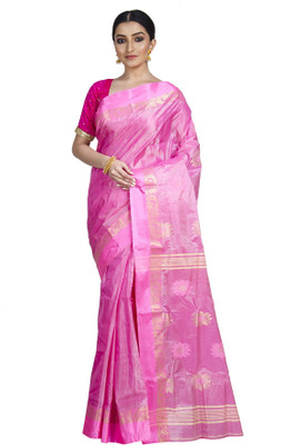 Upama Fabric Self Design Garad Handloom Tussar Silk Saree(Pink)