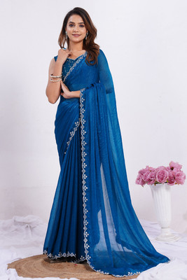 PEEYU Embellished Saree with Attached Blouse Chiffon Saree(Blue)