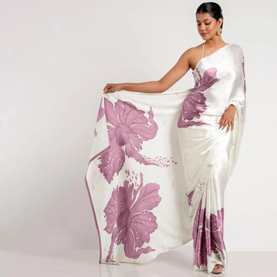 fashionfever Printed Bollywood Crepe, Satin Saree(White, Purple)