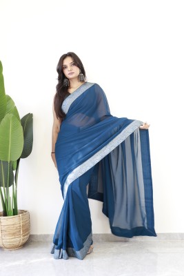 VISVASTA Solid/Plain Bollywood Chiffon, Silk Blend Saree(Light Blue)