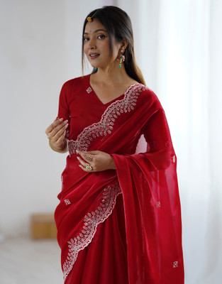 Satrani Embellished, Embroidered Bollywood Tissue Saree(Red)