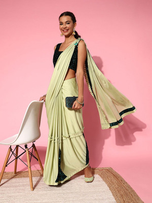 Divastri Solid/Plain, Printed Bollywood Lycra Blend Saree(Light Green)