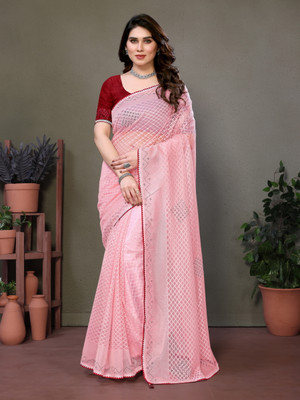 Sakifashion Striped Bollywood Net Saree(Pink)