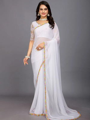 BADE SUHANE Embroidered Bollywood Georgette Saree(White)