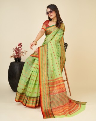 IRIS Woven Kota Doria Cotton Silk Saree(Green)