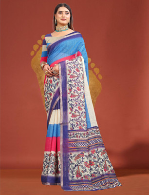 VISHNU Printed Kanjivaram Pure Cotton, Cotton Linen Saree(Blue)