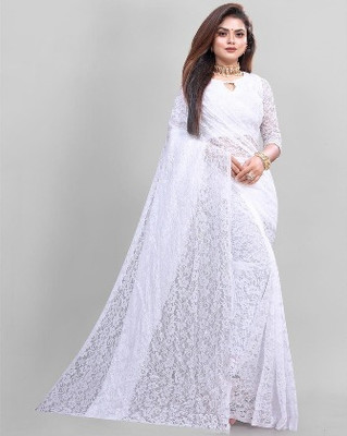 Saadhvi Printed Daily Wear Lycra Blend Saree(White)