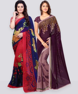 Anand Sarees Printed Daily Wear Georgette Saree(Pack of 2, Purple, Dark Blue)