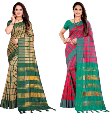 Shaibo saree Checkered Daily Wear Cotton Silk Saree(Pack of 2, Pink)