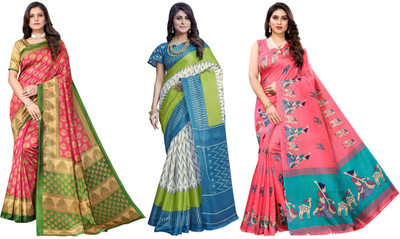 Nirvaan Woven Kanjivaram Art Silk Saree(Pack of 3, Pink, White, Blue)