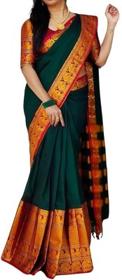 Gajal Self Design Kanjivaram Pure Cotton, Cotton Silk Saree(Dark Green)