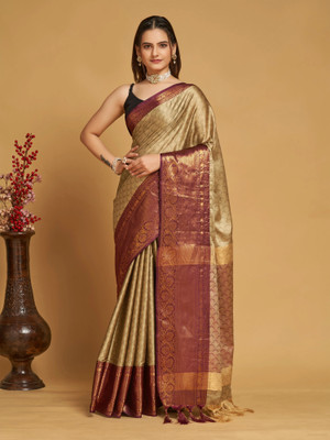 Divastri Woven Banarasi Cotton Silk, Art Silk Saree(Cream, Maroon)