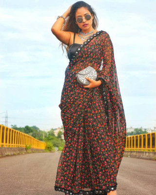 AARTI PRINTS Printed Daily Wear Georgette Saree(Black)