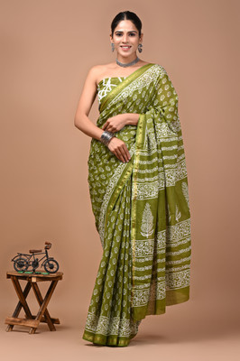 Akshara Fashion Printed, Blocked Printed, Hand Painted, Floral Print Daily Wear Pure Cotton Saree(Green)
