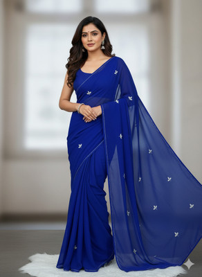 VK Enterprise Solid/Plain, Embroidered, Floral Print Daily Wear Georgette Saree(Blue)