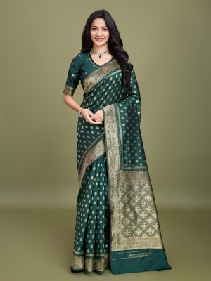 RICH & ROMAN Embellished, Woven Banarasi Jacquard, Pure Silk Saree(Dark Green)