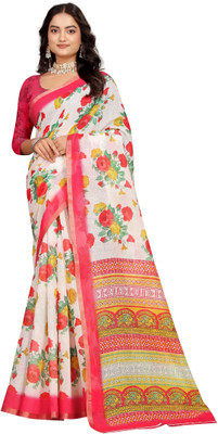 HangerStories Woven Kanjivaram Pure Cotton, Cotton Linen Saree(Pink, White)
