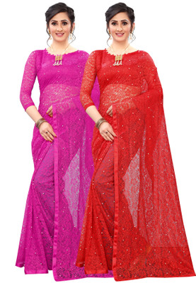 Croza Self Design Bollywood Net Saree(Pack of 2, Multicolor)