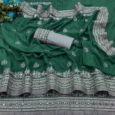Darshita International Embellished Bollywood Silk Blend, Net Saree(Dark Green, Grey)