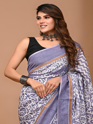 Taavi Blocked Printed Daily Wear Cotton Blend Saree(Purple)