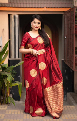 Rudr Venture Self Design Banarasi Cotton Silk Saree(Red)