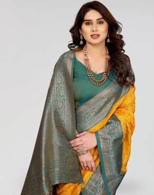 ANIRAV Self Design Banarasi Cotton Silk, Jacquard Saree(Yellow, Green)