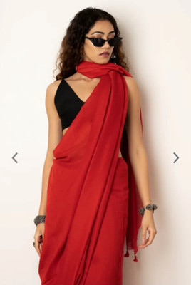 ratnadip Solid/Plain Handloom Cotton Blend Saree(Red)