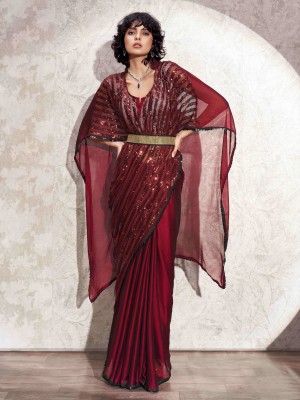 Tikhi Imli Embellished Bollywood Polyester Saree(Maroon)