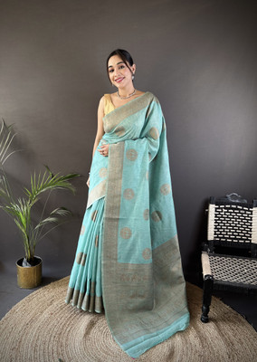 Divastri Woven Banarasi Linen, Silk Blend Saree(Blue)