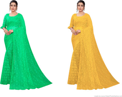 Nilkanthvarni Creation Self Design Bollywood Net Saree(Pack of 2, Light Green, Yellow)