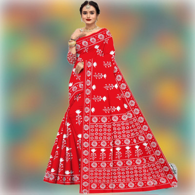KAVACH TEXTILE Printed Daily Wear Pure Cotton Saree(Red)