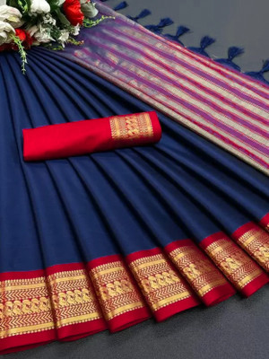 SELESTASAREES Self Design, Solid/Plain, Embellished, Woven Banarasi Jacquard, Cotton Silk Saree(Blue)