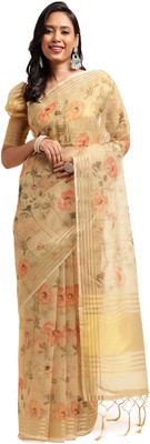 Divastri Floral Print Bollywood Linen Saree(Yellow)
