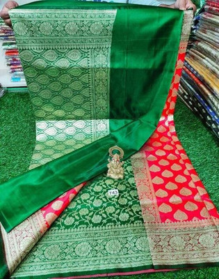 HouseOfCommon Woven Banarasi Jacquard Saree(Red, Green)