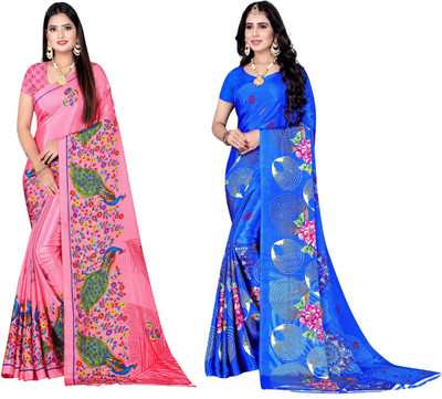 Leelavati Printed Bollywood Crepe Saree(Pack of 2, Pink, Blue)