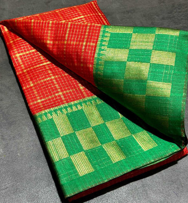 JbWorld Checkered, Woven, Self Design, Embellished Chettinadu Jacquard, Cotton Silk Saree(Red, Green)