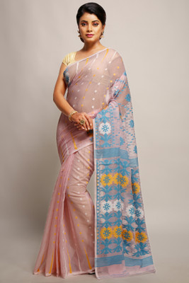 Divastri Checkered Jamdani Pure Cotton Saree(Pink)