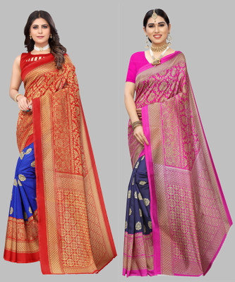 Priyashi Printed, Self Design Kalamkari Art Silk Saree(Pack of 2, Light Blue, Blue)