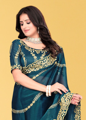 Mortile Designer Studio Embroidered Banarasi Lycra Blend Saree(Blue)