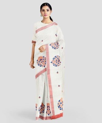 SAT Embroidered Kasavu Pure Cotton Saree(White)