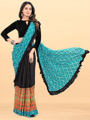 HouseOfCommon Digital Print Bandhani Lycra Blend Saree(Light Blue)