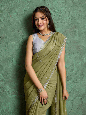 Tasrika Embroidered, Solid/Plain Bollywood Georgette Saree(Green)