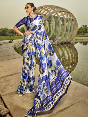 Divastri Printed Bollywood Satin, Silk Blend Saree(Beige)